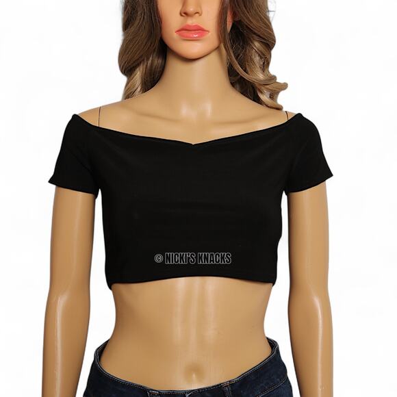 Boohoo Black Off Shoulder Short Sleeve Fitted Crop Top Stretch Size 8 - Picture 3 of 9